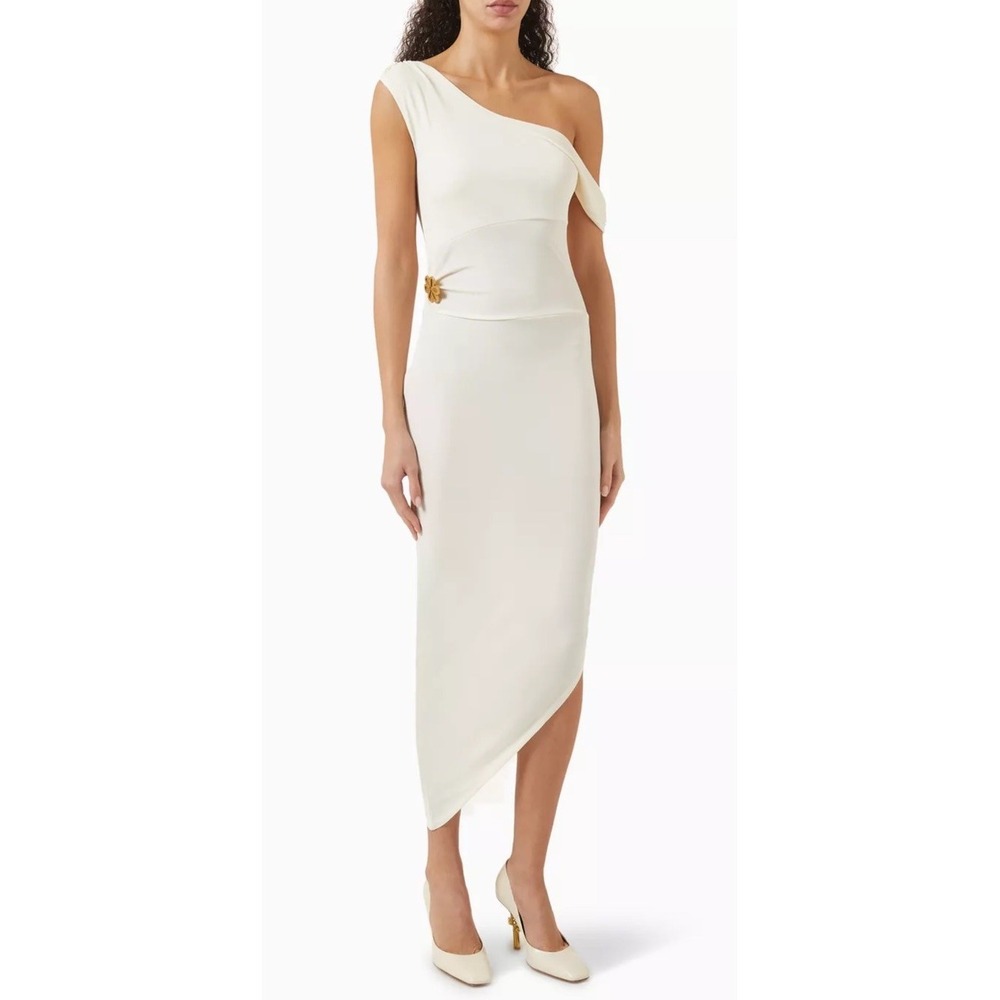 NWT ASTA RESORT Louisa Brooch Midi Dress One Shoulder Asymmetrical Cream Sm